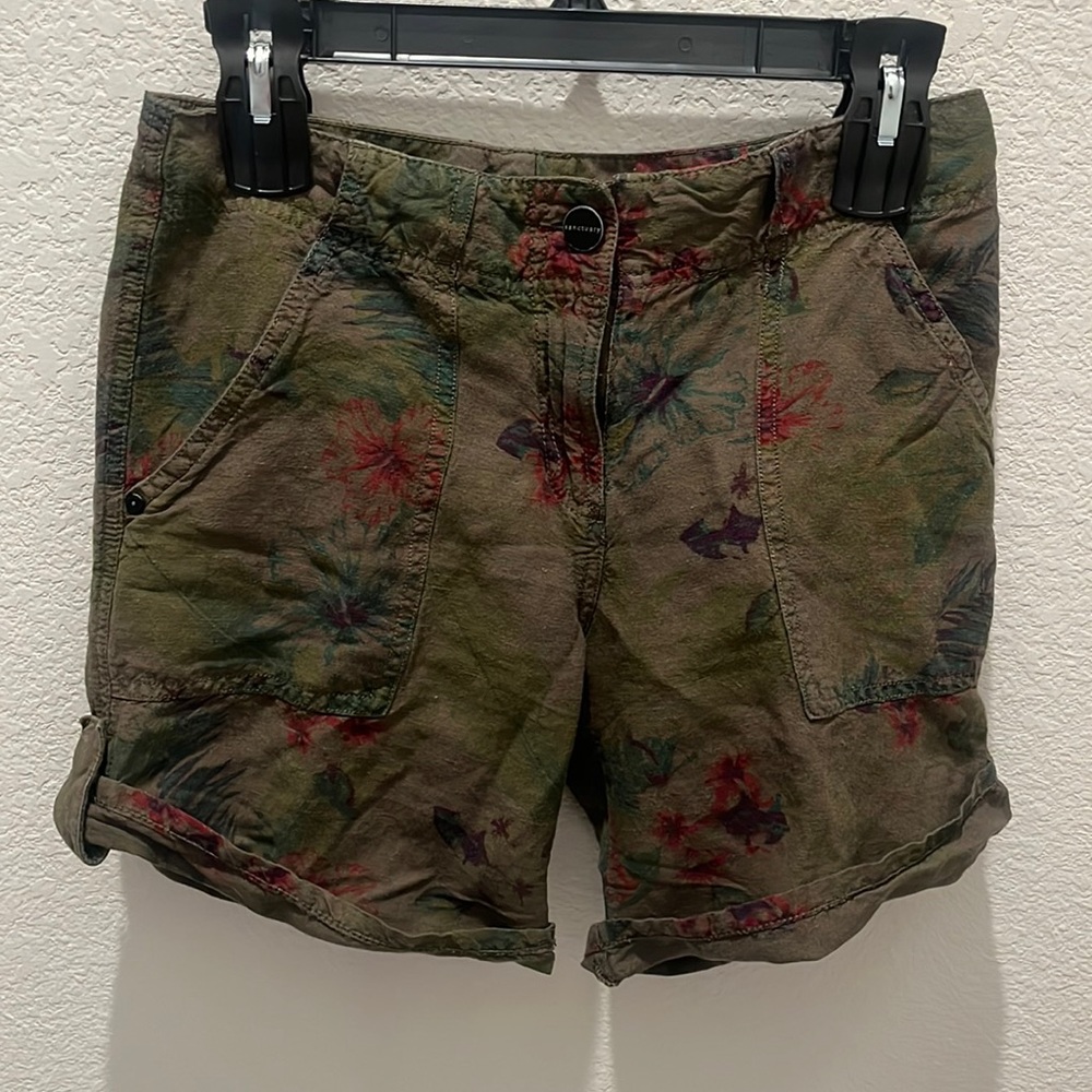 Sanctuary Floral Print Boho Olive Green Cuffed Cargo Shorts Sz 24